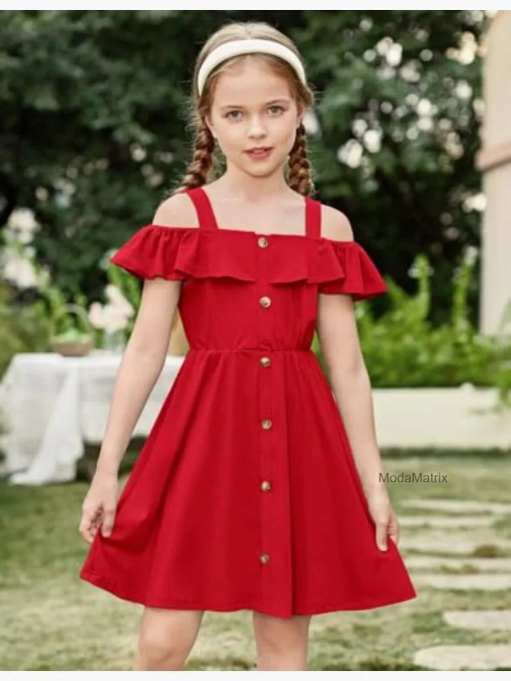 Girls Spaghetti Strap Cold Shoulder Ruffle Button Down A-Line Midi Dress